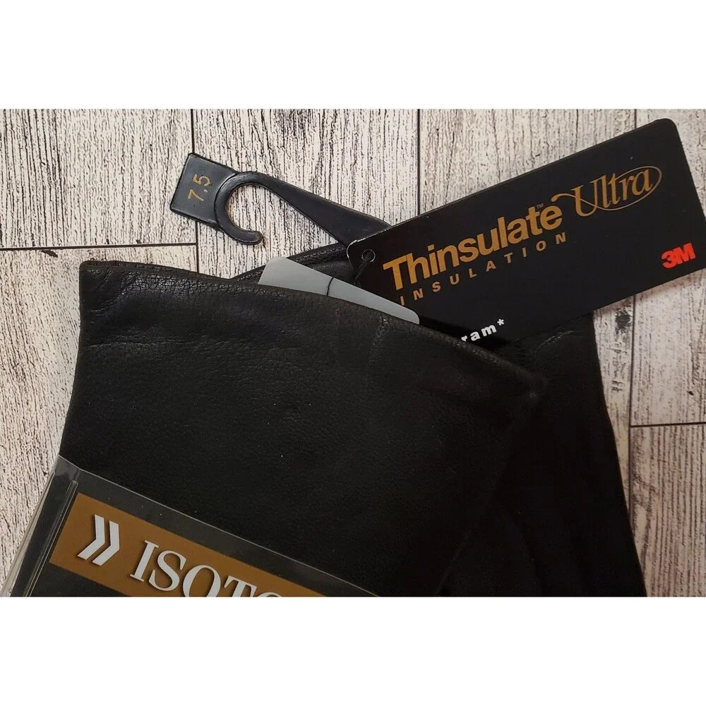Vtg 2005 Isotoner Women's Black Leather Gloves Thinsulate Lined Size 7.5 NWT Y2K